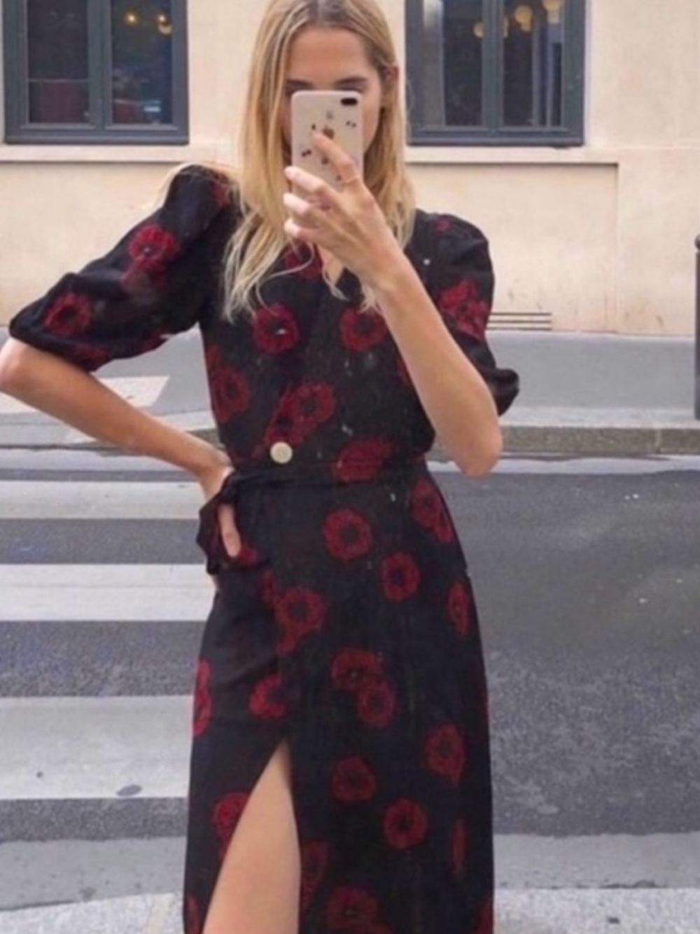 Rouje Black Wrap Midi Dress with Red Floral Print